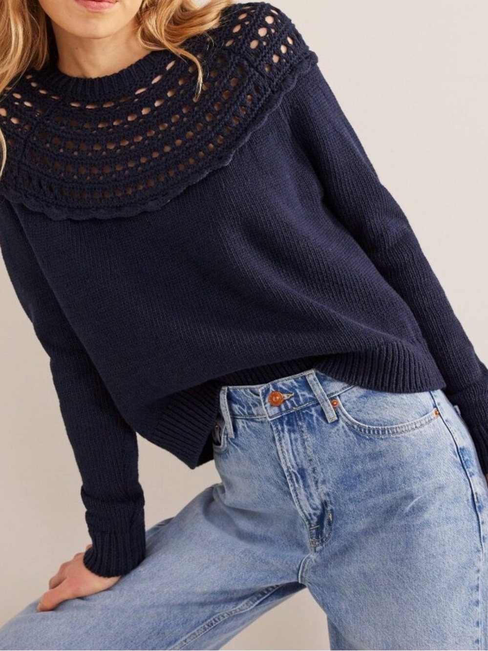Boden Crochet Yoke 100% Cotton Sweater Navy Open Knit Folk Boho Pullover